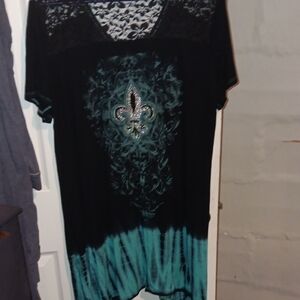 Black and Teal Dress with Fleur-de-Lis Design
